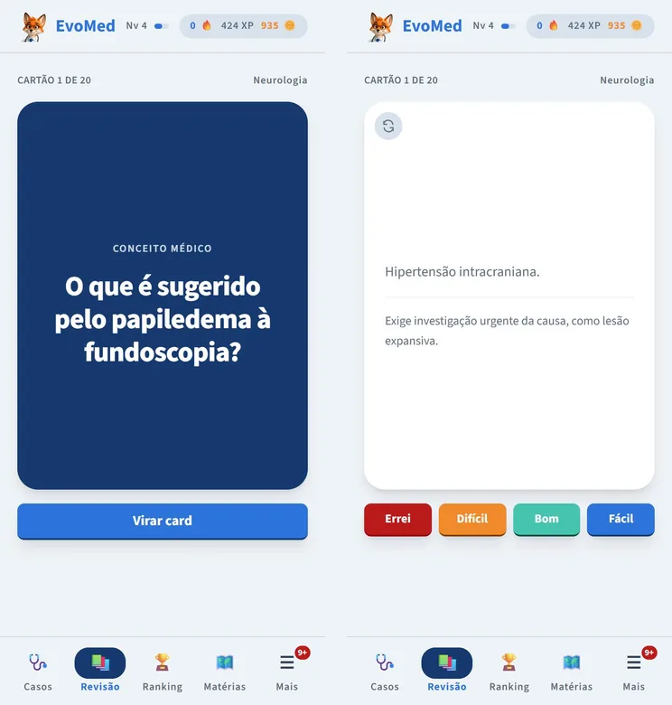 Flashcard do EvoMed: pergunta de Neurologia à esquerda e resposta com botões Errei, Difícil, Bom e Fácil à direita