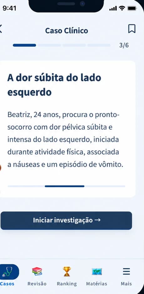 Tela de um caso clínico narrativo no EvoMed, com a história de uma paciente e o botão Iniciar investigação