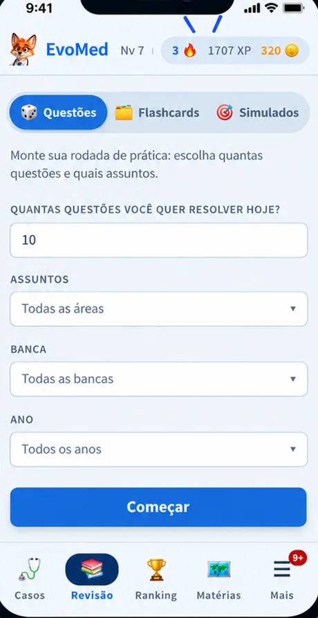 Tela de Revisão do EvoMed com abas de Questões, Flashcards e Simulados e filtros de assunto, banca e ano