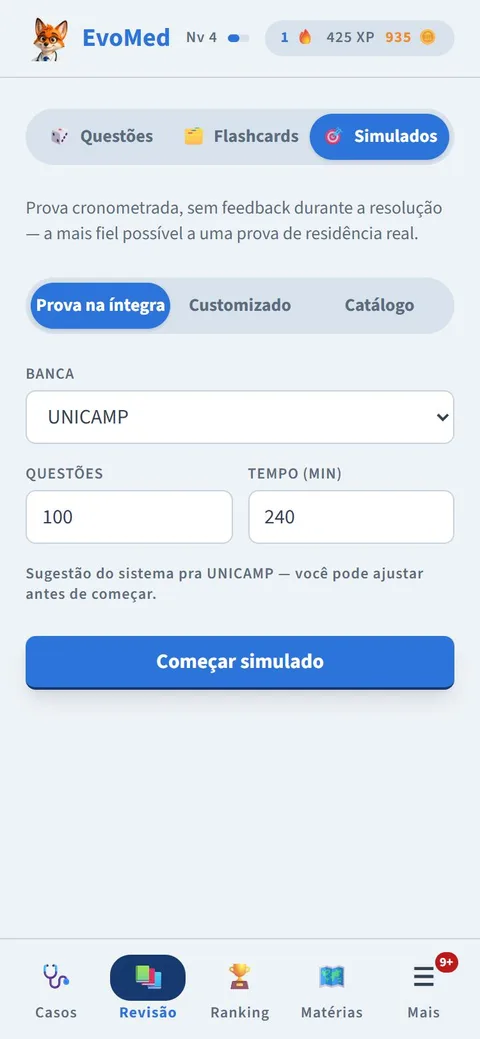 Tela de Simulados do EvoMed com os modos Prova na íntegra, Customizado e Catálogo, banca UNICAMP, 100 questões e 240 minutos